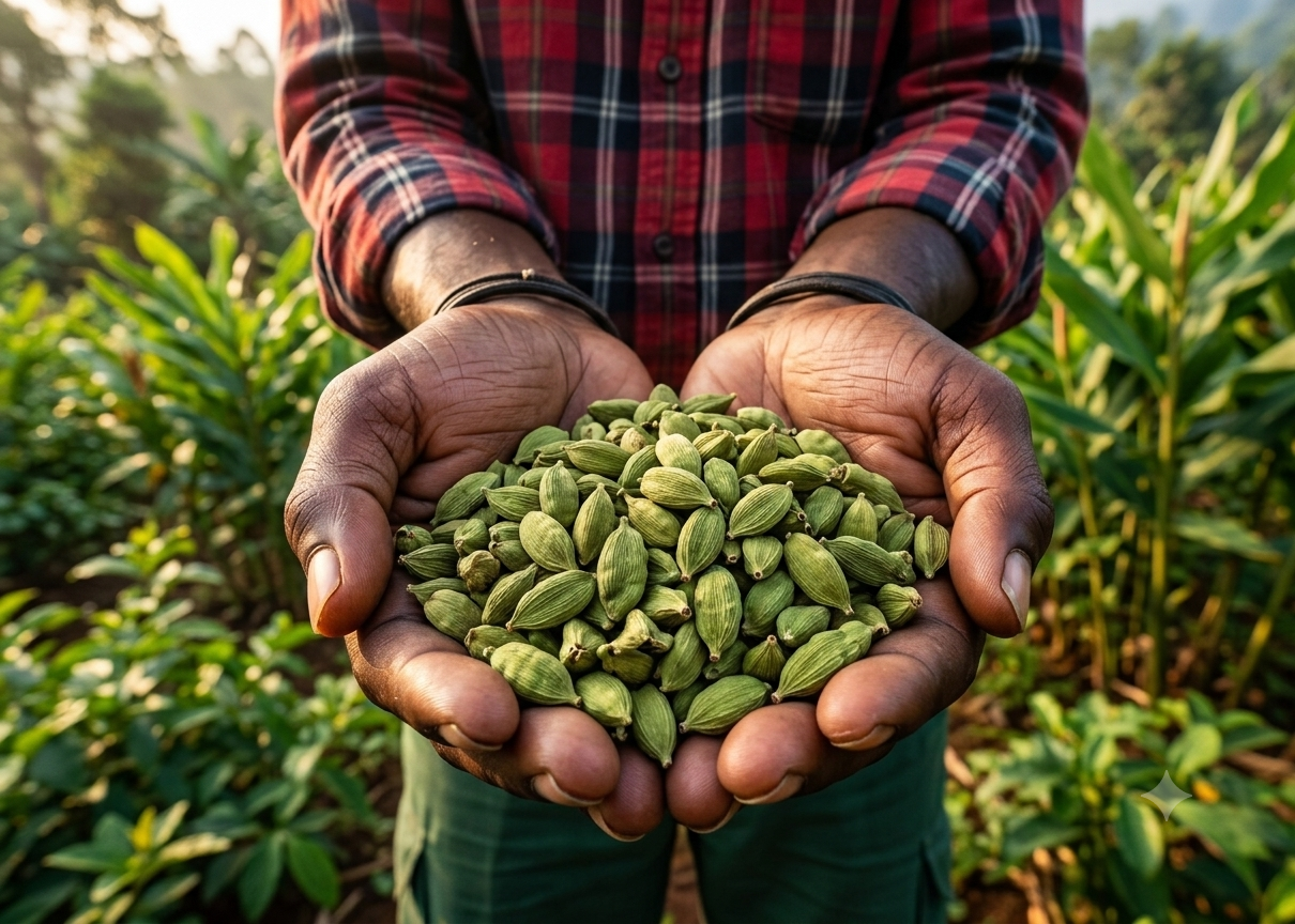 Hands of a Kerala farmer holding freshly harvested cardamom pods